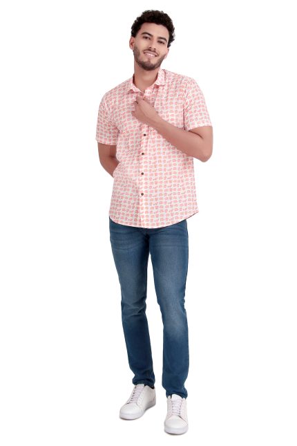 Jaipuri Peach Elephant Motif Design Printed Pure Cotton Men’s Shirt