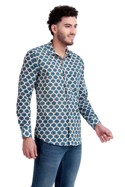 Jaipuri Printed Pure Cotton Teal Mughal Sesign Men’s Shirt